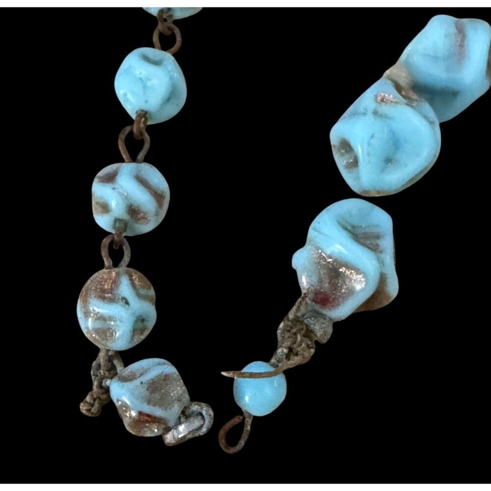 1950 Murano Glass Necklace Aventurine Gold Flecked Turquoise Nugget Beads 14.5" - Picture 5 of 7